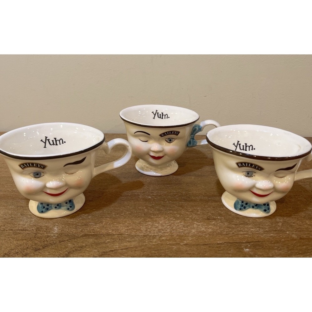 VTG Baileys 1996 Ltd Edition Winking Face Yum 3 Cup Set Collectible Coffee Mugs